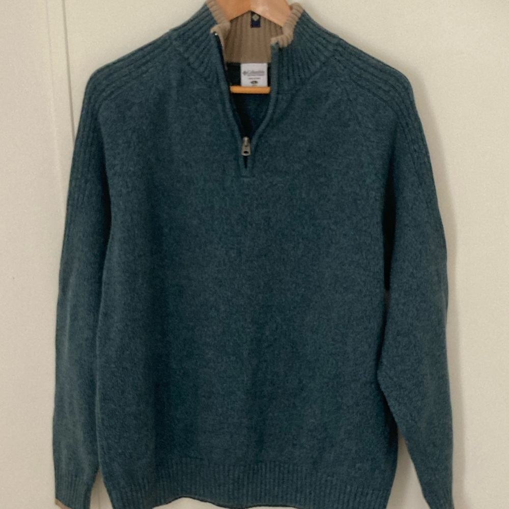 Columbia Men's Teal  1/4 Zip-Up Sweater Size L 100% Cotton